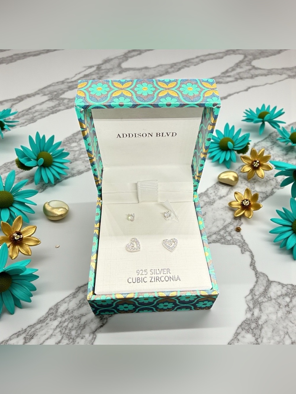 🩶ADDISON BLVD🩶Elegant 925 Silver Cubic Zirconia Stud Earrings Boxed Set/NIB